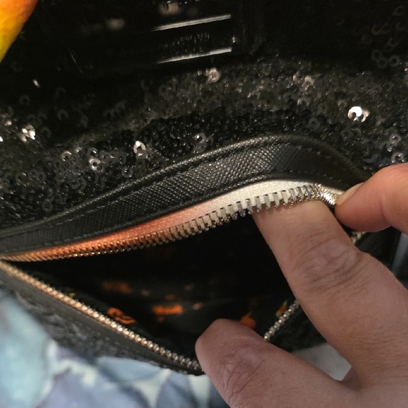 Loungefly Black Sequin Backpack with Yellow and Orange Bow - Picture 7 of 7